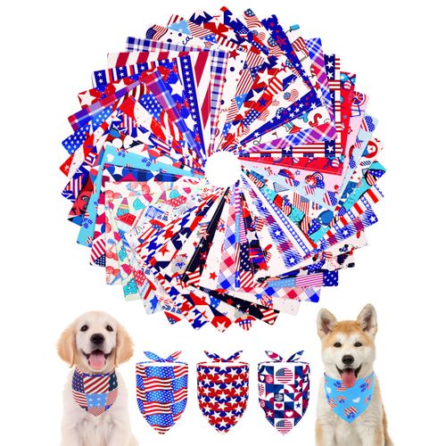 PET SHOW 50 Pack 4th of July Dog Bandanas Bulk Washable American Flag Dog Patriotic Scarves for Small Medium Dogs Puppy Star&Stripe Triangle Bibs Kerchief Set Cats Pet Girl Boy Grooming Accessories