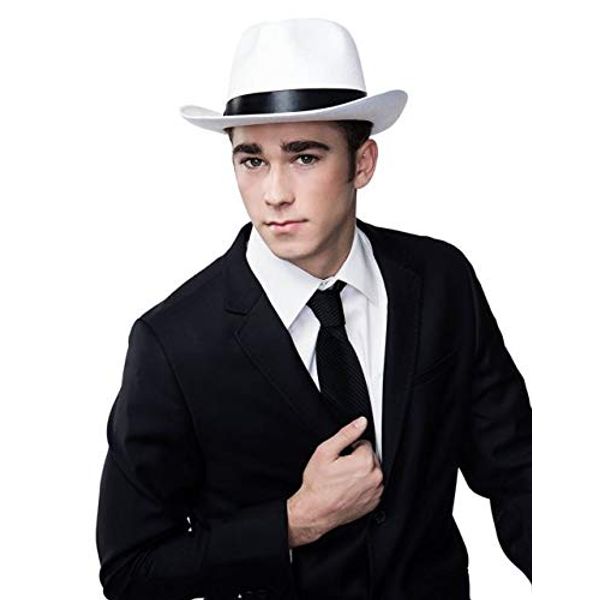 Kangaroo White Fedora Brim Felt Church Hat Men Women I Summer Beach Sun Hat with Band I Men's 1920s Gatsby Gangster Costume