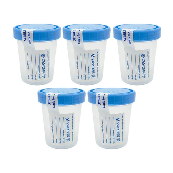 Sterile Specimen Cups with Lids: 4oz Transparent Urine Collection Cup with Leak-Resistant Screw-On Lids - 3-inch Sample Jars - Designed for Secure Collection of Pee, Stool, and Semen Samples - 5 Pack