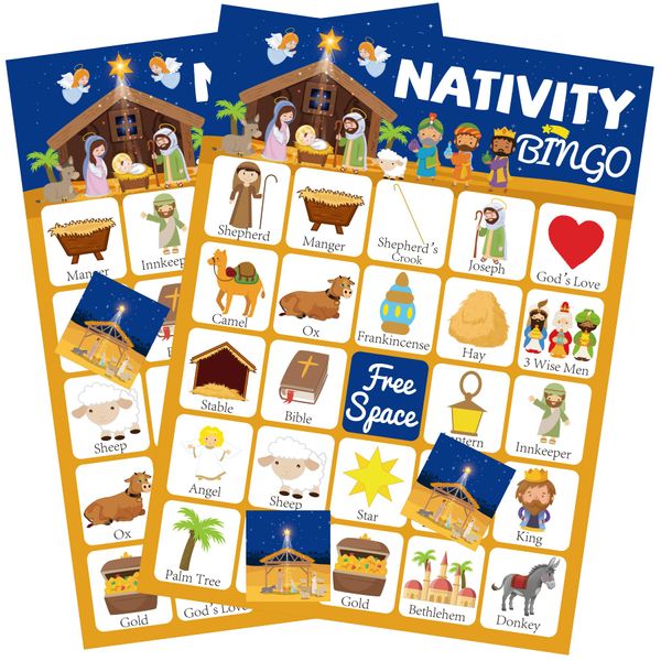 Christmas Nativity Bingo Christian Bingo for Kids with 24 Nativity Bingo Cards Christmas Games for Kids Family School Classroom Activities Religious Christmas Party Favors