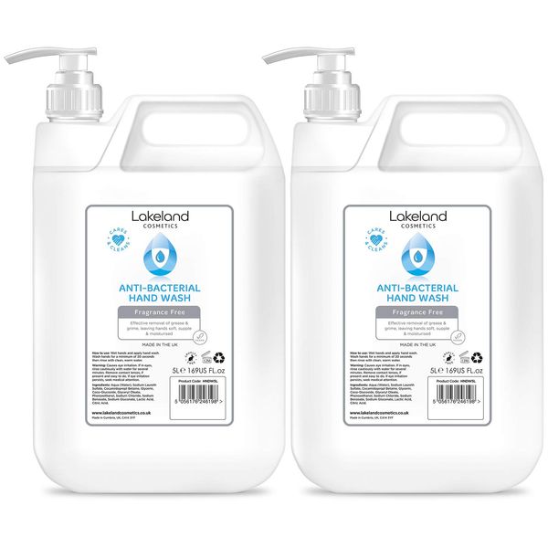 Lakeland Cosmetics antibacterial soap hand wash - 5L Litre with Pump - Vegan anti-bacterial liquid soap hand wash, made in UK (Pack of 2)