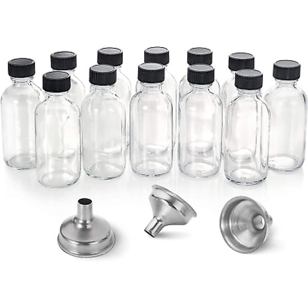 12 Pk 2Oz Clear Glass Bottles Stainless Steel Funnels Oils Wellness Ginger Shots