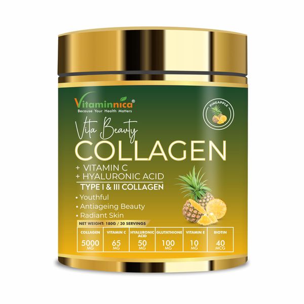 Vitaminnica Vita Beauty Premium Bovine Collagen Powder (Type I & III) with Hyaluronic Acid, Glutathione, Vitamin C, Biotin & Vitamin E | for Glowing Skin & Anti-ageing | 30 Servings (Pineapple)