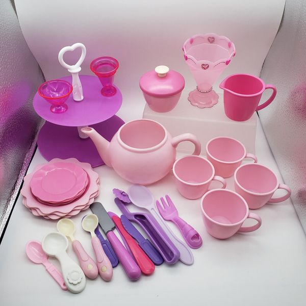 Pretend Tea Party Lot Dishes Blow Mold Tea Pot Cups Saucers Utencils Toy