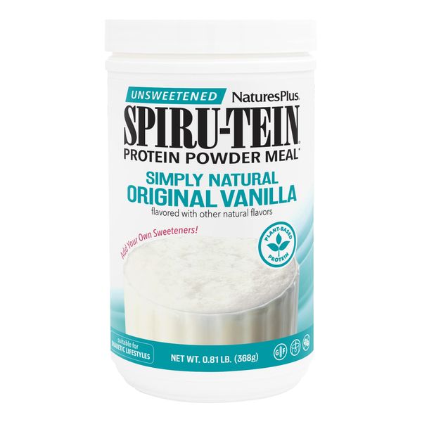 NaturesPlus SPIRU-TEIN Simply Natural, Original Vanilla - 0.81 lb - Unsweetened Plant-Based Protein Shake - Non-GMO, Vegetarian, Gluten Free - 16 Total Servings