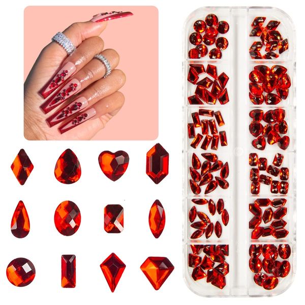 qiipii 120Pcs Red Rhinestones Nail Charms 12 Shapes Crystal Flatback Siam Red Big Gems Ruby Red K9 Glass Nail Stones Diamonds jewels Nail Art Supplies Nail Decor for Nails Face Eyes Makeup Crafts DIY