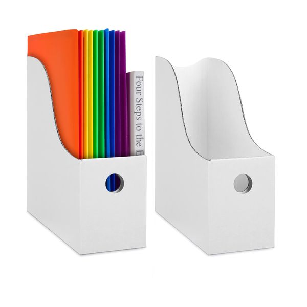 Dunwell White Magazine File Holder (2 Pack) - Sturdy Cardboard Magazine Holder, Vertical File Folder Holder, Magazine Holder for Desk, Shelves, Office or Classroom Book Organizer, Paper Book Bins