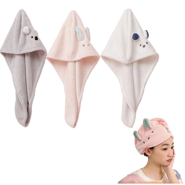 Hair Dry Towel, Dry Cap, Set of 3, Towel Cap, Dry Cap with Ears, Hair Cap, Lightweight, Strong Water Absorbency, Hair Drying, Towel, Hair Towel Cap, Towel Dry, Hair Drying (Pink & White & Gray)