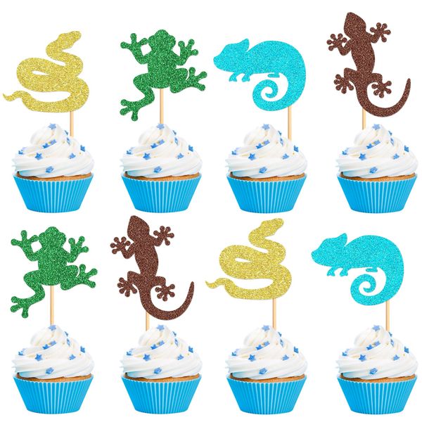 Ercadio 28 Pack Animal Cupcake Toppers Snake Cupcake Picks Frog Chameleon Gecko Cupcake Kids Birthday Cupcake Decorations for Baby Shower Birthday Animal Theme Party Cake Decor Supplies