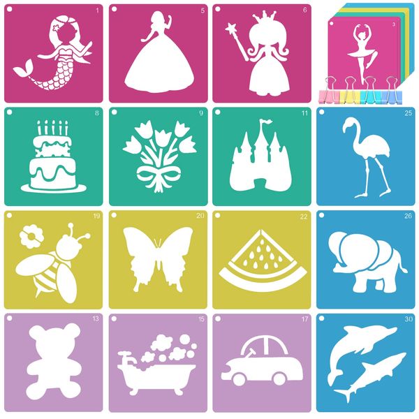 LanMa 30 Pieces Drawing Stencils for Kids Girls 8 x 8 Inches Kids Colorful Plastic Stencils Painting Templates Sidewalk Chalk Stencils