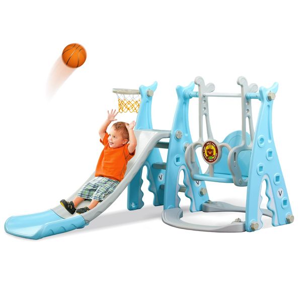 Toddlers Slide and Swing Set 4 in 1 Kids Freestanding Climber Slide Playset for Boys Girls with Basketball Hoop Extra Long Slide Easy Set Up Baby Playset