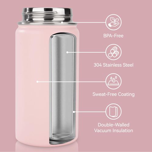 Fijinhom 12oz Kids Water Bottle for School Boys&Girls, Leak-Proof Toddler Water Bottle, Stainless Steel Vacuum Insulated Bottle with Straws Lids, Pink