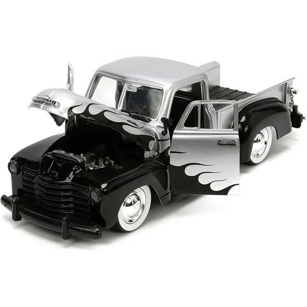 1953 Chevy 3100 Pickup Truck Silver Metallic with Black Flames with Extra Wheels Just Trucks Series 1/24 Diecast Model Car by Jada JA33025