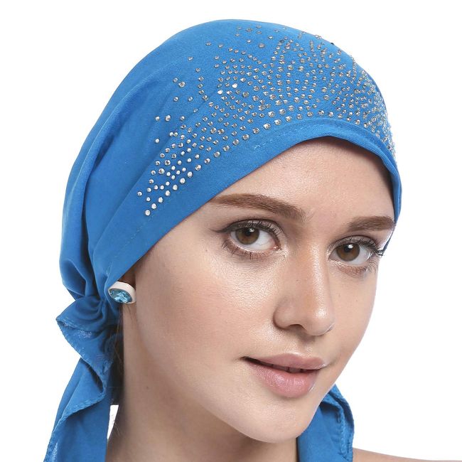 AfinderDE Damen Frauen Baumwolle Bandana Turban Cap Hijab Kopftuch Muslimische Bonnet Kopfbedeckung Halstuch Atmungsaktiv UV Schutz Pirat Mütze Bunter Diamant Indische Hüte Kappe, Blau, L