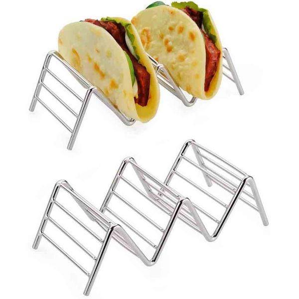 2 PCS Stainless Steel Taco Holder Rustproof, Hold 2 or 3 Hard or Soft Taco Shells Taco Truck Tray Style Oven Safe Metal Taco Rack Taco Stand for Baking