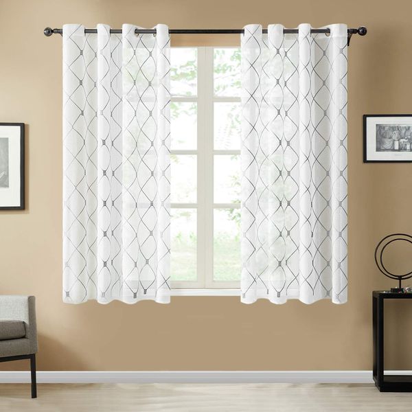 Top Finel White Short Sheer Curtains 45 Inch Length Grey Embroidered Diamond Grommet Window Curtains for Living Room Bedroom, 2 Panels