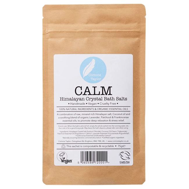 Corinne Taylor Calm Himalayan Bath Salts. 100% Natural, Vegan, Cruelty Free, Organic Essential Oils, Compostable Packaging, Zero Waste - 75g Sachet