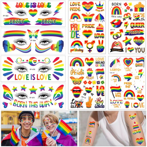HOWAF 4 Sheets Pride Tattoos Temporary, with 4 Gay Pride Face Tattoos, Pride Face Glitter Pride Temporary Tattoos Waterproof Rainbow Tattoo Stickers for Pride Makeup, LGBT LGBTQ Pride Accessories