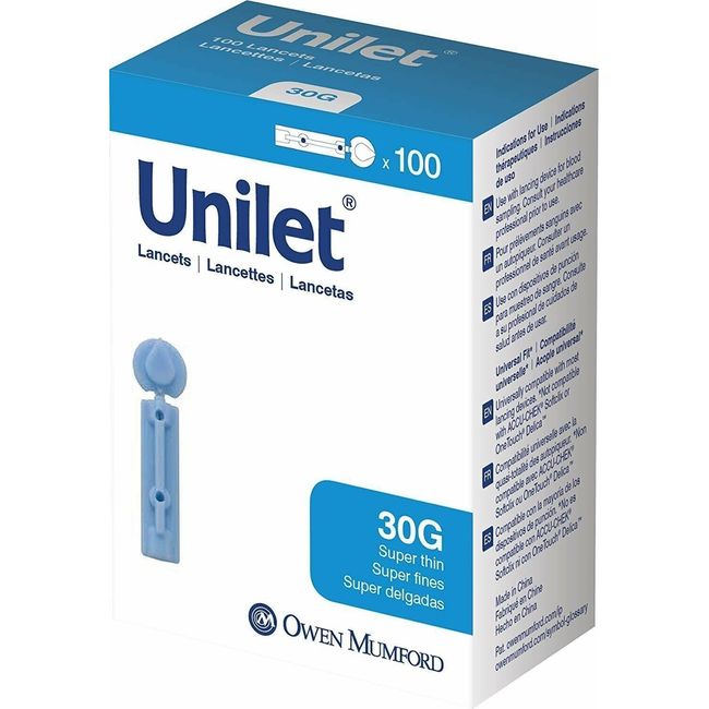 Owen Mumford Unilet Super Thin Blood Glucose Lancets Sterile 30 Gauge 100 Count