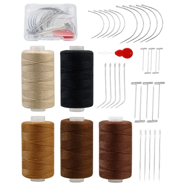 5 Rolls Hair Extension Thread Sewing Threads Hair Weave Threads with 30 Pieces T/C/J/I Needles Using for Hand Sewing,Hair Extensions,Wig Making Hair Extensions Modelling Crafts