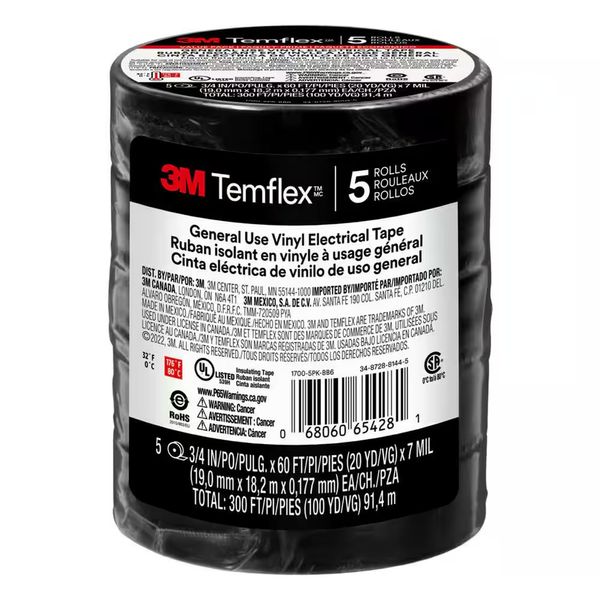 NEW Strong 3/4 in x 60 ft Electrical Tape 5-Pack Flexible, Black Multi-Purpose