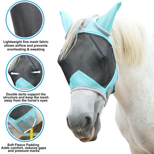 Horse Fly Mask with Ears Cover | Forelock Opening for Tangle-Free Mane Care | UV Protection & Breathable Mesh | No Rub Fit and Enhanced Visbility for Trail Riding Turquoise Cob