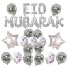 18 Pcs Eid Mubarak Balloons, Silver Eid Balloons Banner, Eid Mubarak Backdrop Props, Eid Background Props, Eid Decorations.