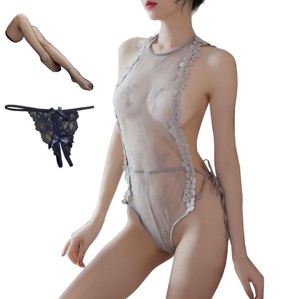 OLYOLY [3-Piece Set] Extreme OL, Transparent High-Leg Leotard, Sexy Cosplay Underwear, Lingerie, Sheer Swimsuit, See-Through Lace, Thong Knee-High (03, Gray)