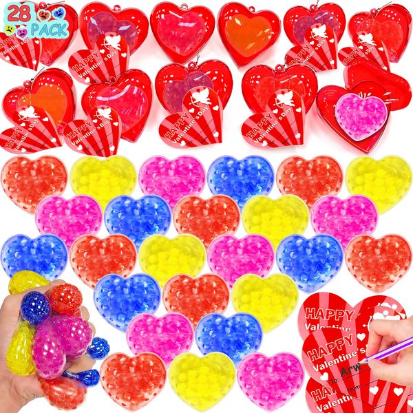 Valentines Day Gifts for Kids- 28 Pack Valentines Cards with Heart Shaped Fidget Stress Balls, Valentines Hearts Box Stress Relief Toys for Kids Boys Girls Classroom School Exchange Gift Party Favors