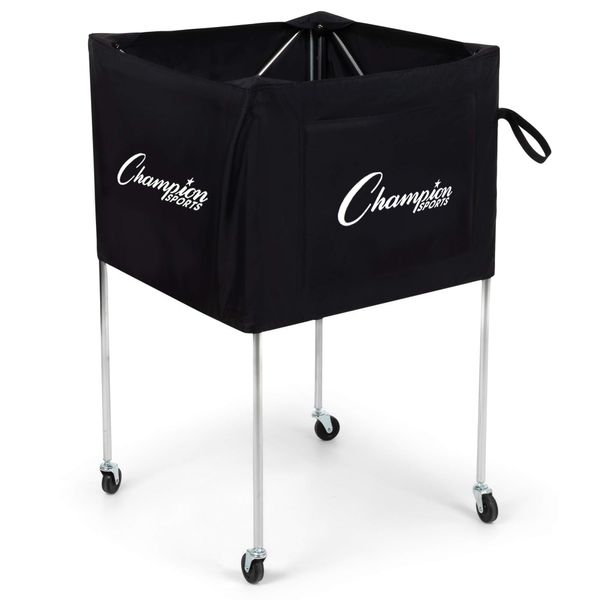 Champion Sports Folding Volleyball Cart with Wheels, Holds up to 30 Balls - Rolling, Portable Ball Carts with Reinforced Canvas, Non-Marring Swivel Casters - Premium Volleyball Storage Equipment , Black