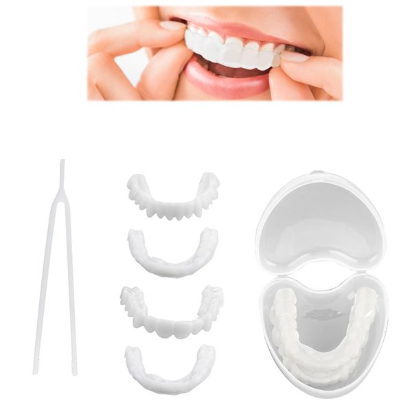 1 Pair Instant Veneers Dentures, Whitening Cosmetic Temporary Tooth Set Fake False Teeth Clip in Veneers Teeth Snap on Veneers Teeth Top Bottom with Box for Men Women Regain Confident Smile