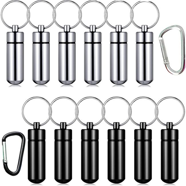 RUNCCI-YUN 12 Pack keychain pill box，Mini Aluminum Pill Box Waterproof Organizer Case Portable Container Keychain+D-Shaped Key Chain for Outdoor Travel Camping (2 Colours)