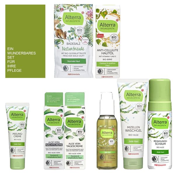 8tlg. Beauty Set: Alterra Naturkosmetik vegan Tagescreme Nachtcreme Bio-Aloe Vera Reinigungs-Öl Schaum Peeling-Creme Waschcreme Bio-Alge Cellulite Hautöl Bio-Birke Badesalz + Tote Bag