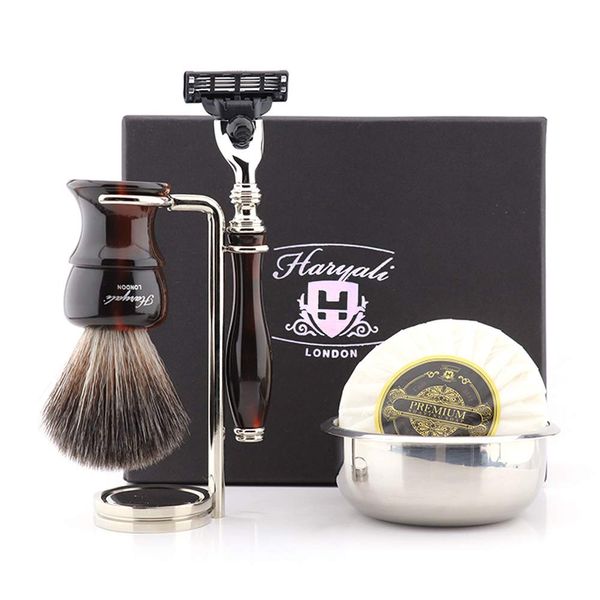 Haryali London 5 Pc Mens Shaving Kit 3 Edge Safety Razor with Synthetic Badger Hair Shaving Brush, Stand, Soap and Bowl Perfect Set for Men