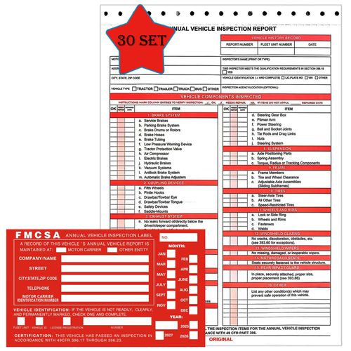 30 Pack Annual Vehicle Inspection Report Form & Red FMCSA Label Permanent Aluminum Stickers 3-Ply Carbonless DOT Compliant Vehicle Inspection Report Forms