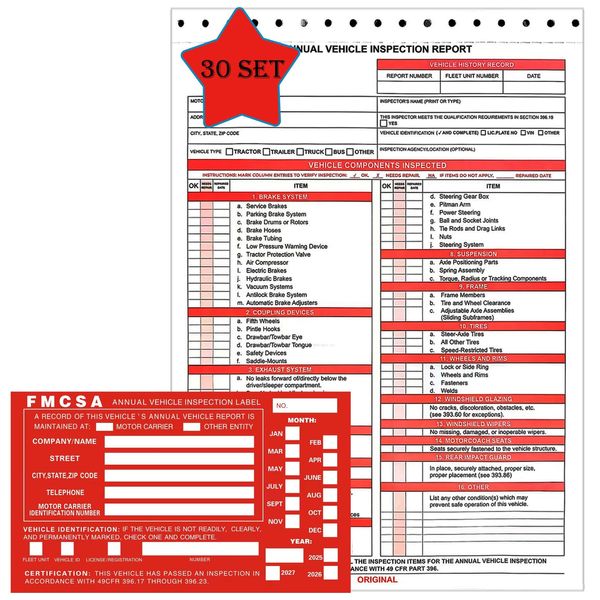 30 Pack Annual Vehicle Inspection Report Form & Red FMCSA Label ...