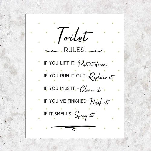 Toilet Rules Sign, Toilet Wall Decor, Toilet Rules Print, Toilet Gift Toilet Poster, Toilet Wall Art 8 x 10 Inches Shimmer Art Paper UnframedToilet