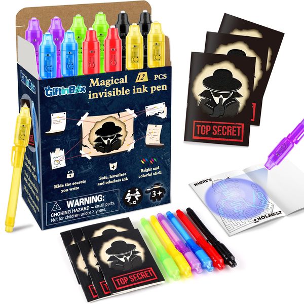 GIFTINBOX Invisible Ink Pens with UV light for Kids, Spy Pen Party Favors for Kids 8-12, 12Pack Invisible Ink Pen and Notebook, UV Pen for Secret Message Escape Room Birthday Party Favors for Kids 4-8