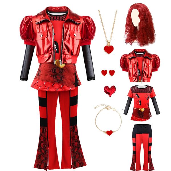 Uivic Red Costume for Girls - Rise Red Costume Heart Shirt Jacket Pants Set with Wig Halloween Party Dress up for Kids (Red, 9Years-10Years)