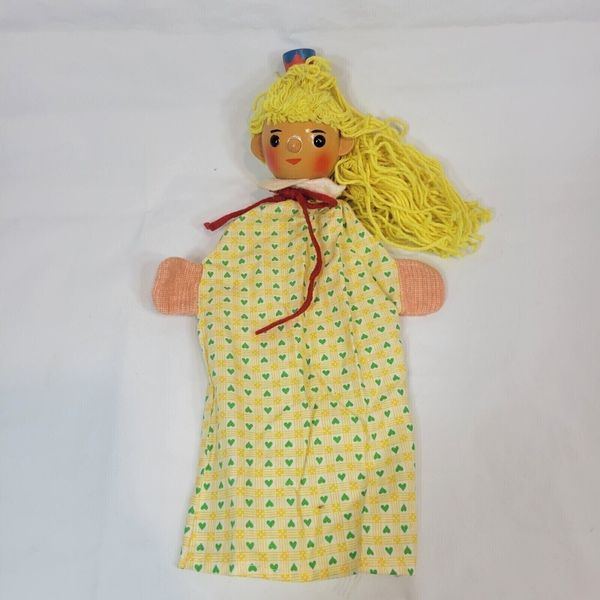 Vintage Girl Hand Puppet Wood Hand Painted Face Yellow Yarn Hair Puppetry Play