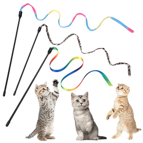 cobee 3 Packs Cat Wand Toy Set, 30cm Cat Interactive Wand with 60cm Rainbow Ribbon String+ Rainbow Cloth String + Leopard Print Cloth String for Pet Kitten Training Exerciser Indoor Kitten Catcher