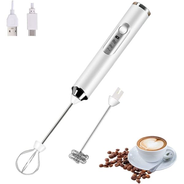 FIOUSY Handheld Electric Milk Frother with 2 Heads, Coffee Whisk Foam Mixer with USB Rechargeable 3 Speeds, Foam Maker Blender for Latte, Cappuccino, Hot Chocolate, Egg (White)