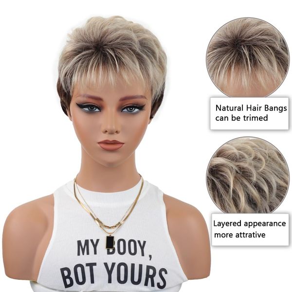 XIUFAXIRUSI XIUFAXIRUSI Ombre Blonde Pixie Cut Wig for Black Women Short Layered Haircut Wig with Bangs Glueless Tapered African American Women Synthetic Wig