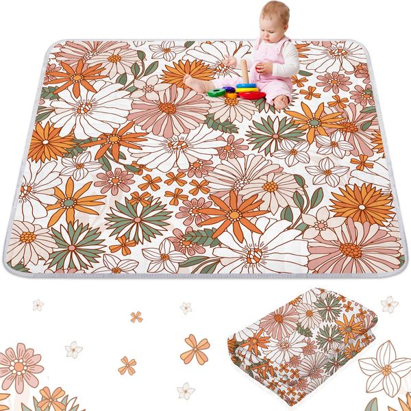 Wesiti Floral Portable Baby Play Mat 50 x 50 Washable Foldable Crawling Mat Non Slip Cushioned Kids Play Mats Pad for Floor Playpen Toddler Infants Tummy Time Activity