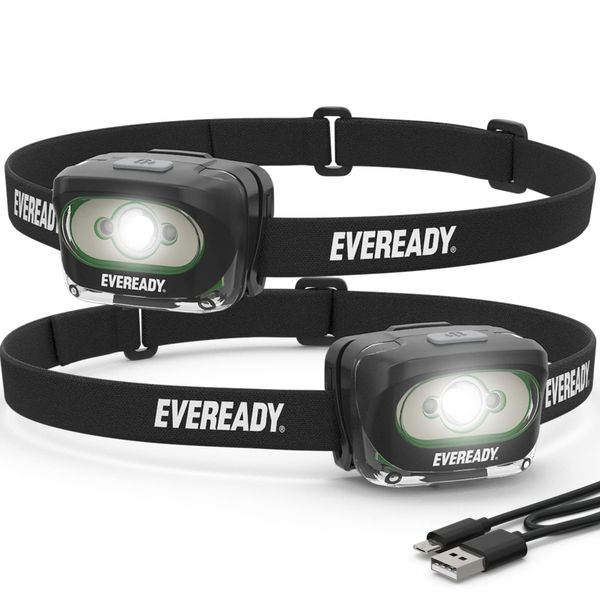 Eveready Rechargeable LED Headlamps (2-Pack), IPX4 Water Resistant Head Lights for Running, Camping, Emergency, Outdoors (USB Cable Included),Black (2-Pack),Adjustable