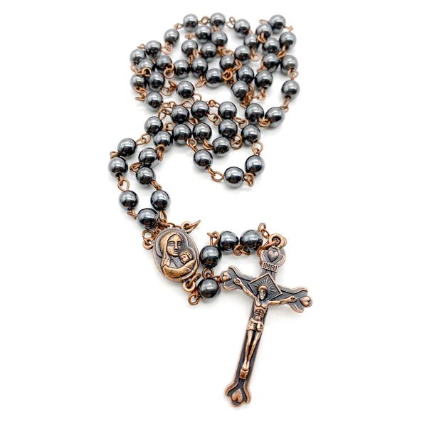 Nazareth Store Hematite Rosary Black Stone Beads Necklace with Jerusalem Holy Soil & Cross Antique Religious Rosaries Beads Collection