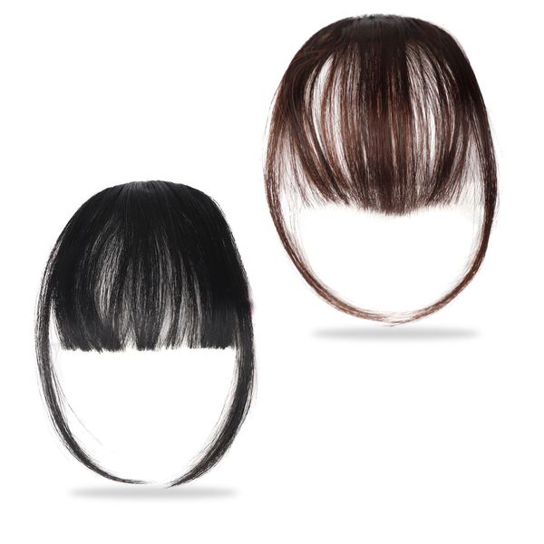 EUPSIIU 2 Stücke Clip in Pony, Hair Clip in Bangs, One Piece Clip in Pony, Pony Fringe Bang Extension, Haarteil, Verlängerung Air Bangs Haarteil für Frauen und Mädchen (Schwarz, Dunkelbraun)