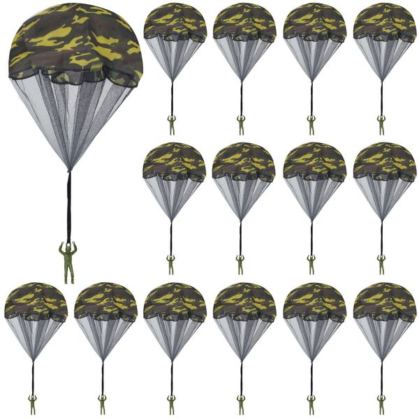 Catcan 15 Pcs Parachute Toy, Camo Parachute Men Toy Tangle Free Throwing Hand Throw Outdoor Flying Gifts Paratrooper Toy No Battery nor Assembly Required (Dark Green)