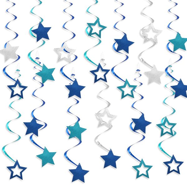 YEOCU 64pcs Blue Hanging Swirls Party Decorations - Glitter Star Theme Ceiling Foil Swirls Decorations Hanging Party Streamers for Birthday, Ceiling Hanging Decor Party Supplies for Boys Girls Kids