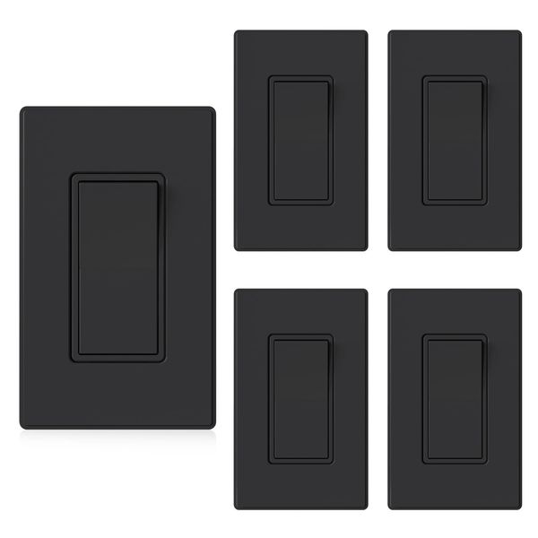 ELEGRP Matte Black Single Pole Decorator Light Switch, 15Amp 120/277V, Paddle Rocker Switch Wall Switch Replacement, Self-Grounding, Residential Grade, w/Wall Plate, UL/CUL (5 Pack)